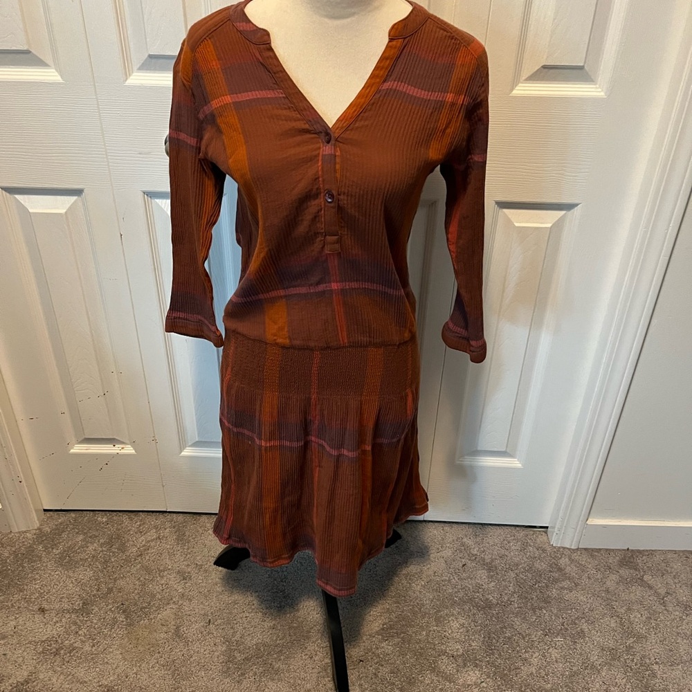 Prana size XS 100% Organic Cotton Plaid Button-Up Dress in Brown and Orange